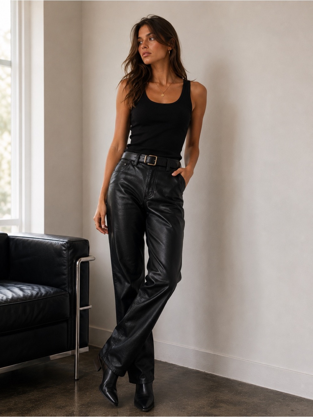 Madewell The Perfect Vintage Straight Jeans Black Faux Leather Pants Size 28”
